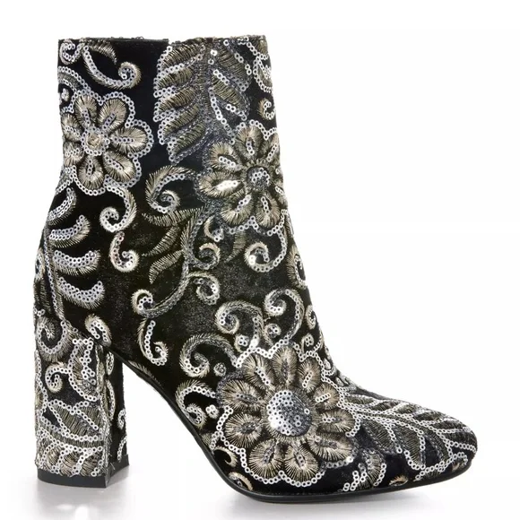 Elegant Velvet Black and Silver/Gold Embroidered Ankle Boots - Picture 2 of 7